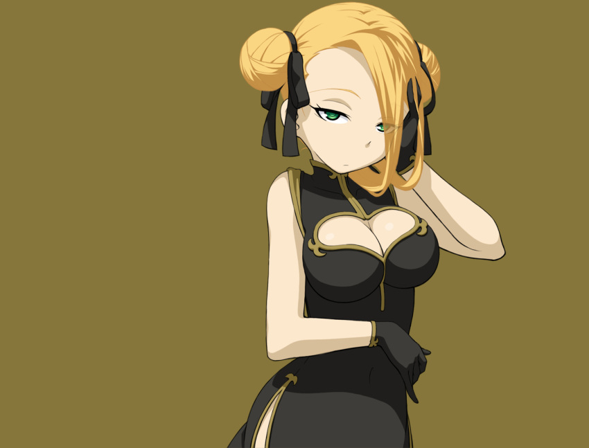 1girl, :/, aoki_hagane_no_arpeggio, black_dress, black_gloves, black_ribbon, blonde_hair, china_dress