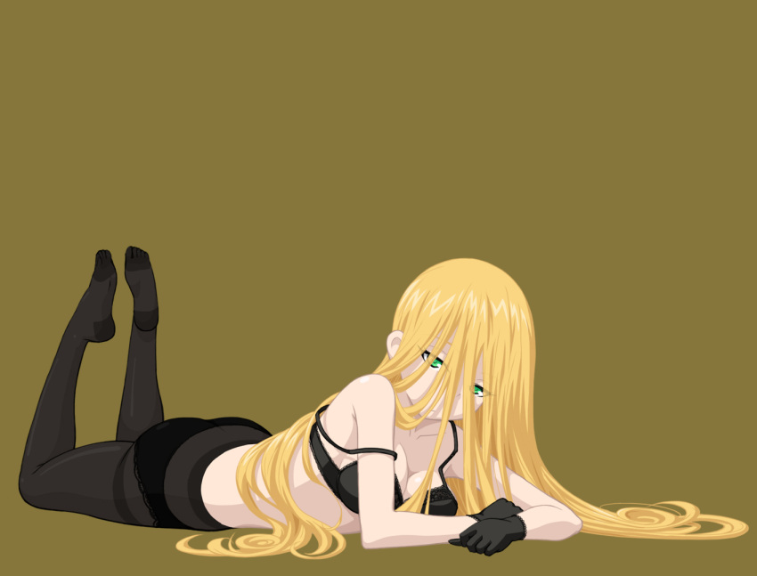 1girl, :/, aoki_hagane_no_arpeggio, ass, black_bra, black_gloves, black_panties, blonde_hair