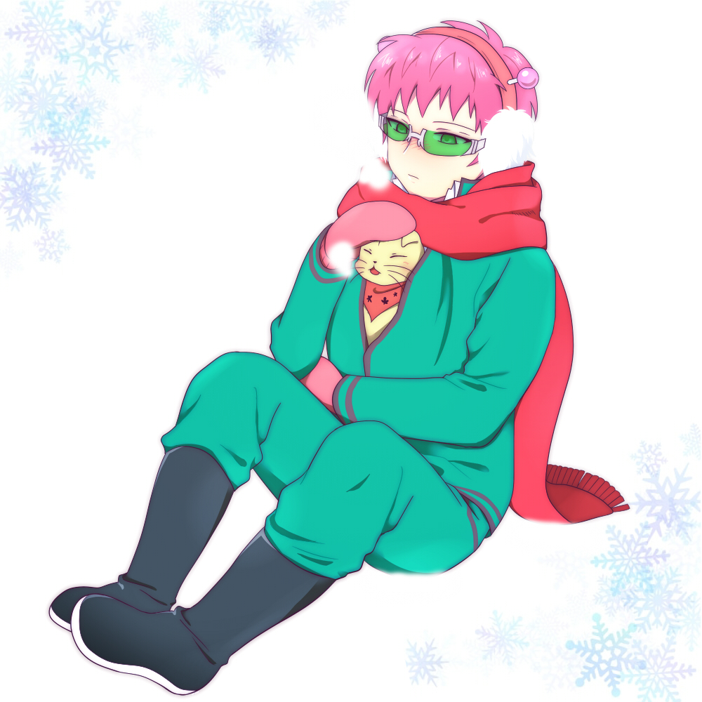 1boy, anpu, blush, boots, cat, earmuffs, full_body, headgear, jumpsuit, koro_(koinori), mittens, petting, pink_hair, red_scarf, saiki_kusuo, saiki_kusuo_no_psi_nan, scarf, short_hair, snowflakes, sunglasses, winter_clothes