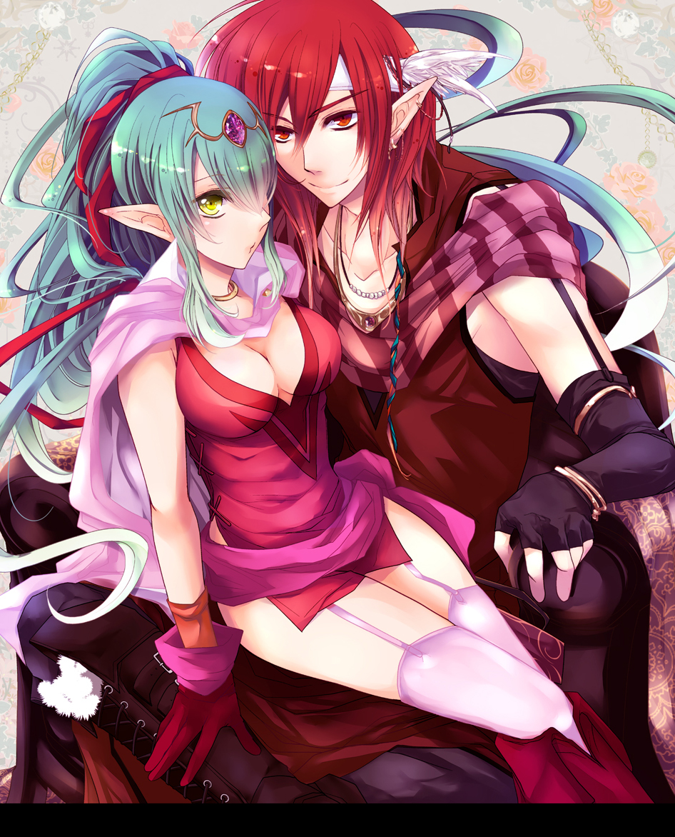 1boy, 1girl, amiko_(frostedchocolate), blue_hair, boots, breasts, cape, cheine