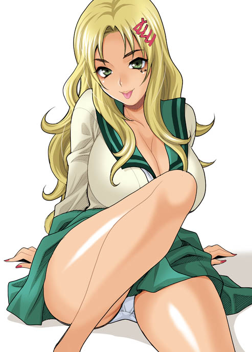 1girl, :p, aiura_mikoto, blonde_hair, breasts, cleavage, green_eyes, hair_ornament