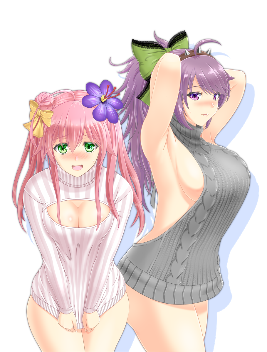 2girls, ahoge, aran_sweater, armpits, arms_behind_head, arms_up, backless_outfit, bangs