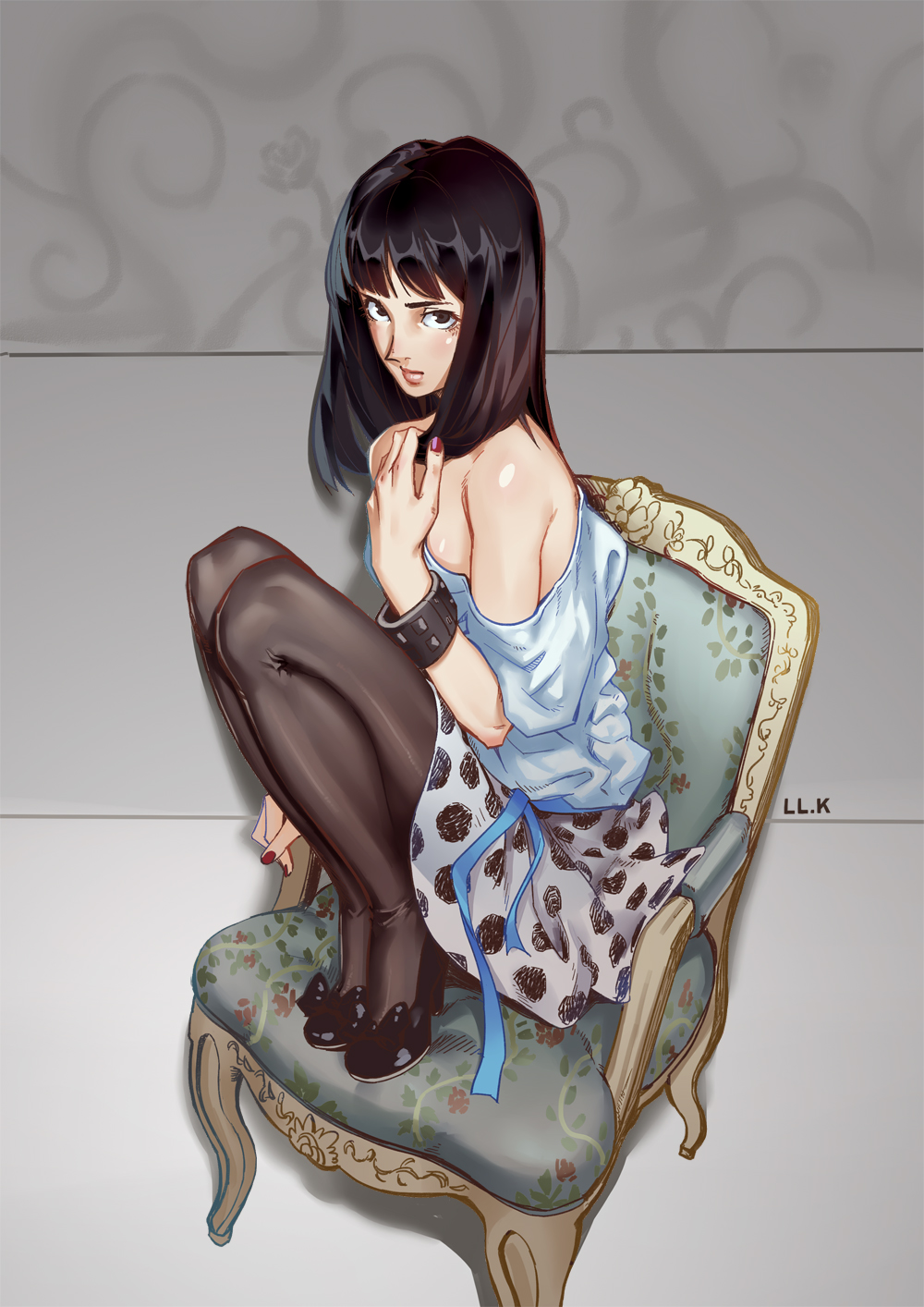 1girl, artist_name, bangs, black_shoes, blunt_bangs, bow_legwear, breasts, brown_eyes, brown_hair, brown_legwear, chair, closed_mouth, fingernails, hand_up, high_heels, highres, knees_up, krysten_ritter, lolik, long_hair, looking_at_viewer, medium_hair, nail_polish, off-shoulder_shirt, pantyhose, polka_dot, polka_dot_skirt, real_life, real_life_insert, red_nails, shirt, shoes, sitting, skirt, solo, wrist_cuffs