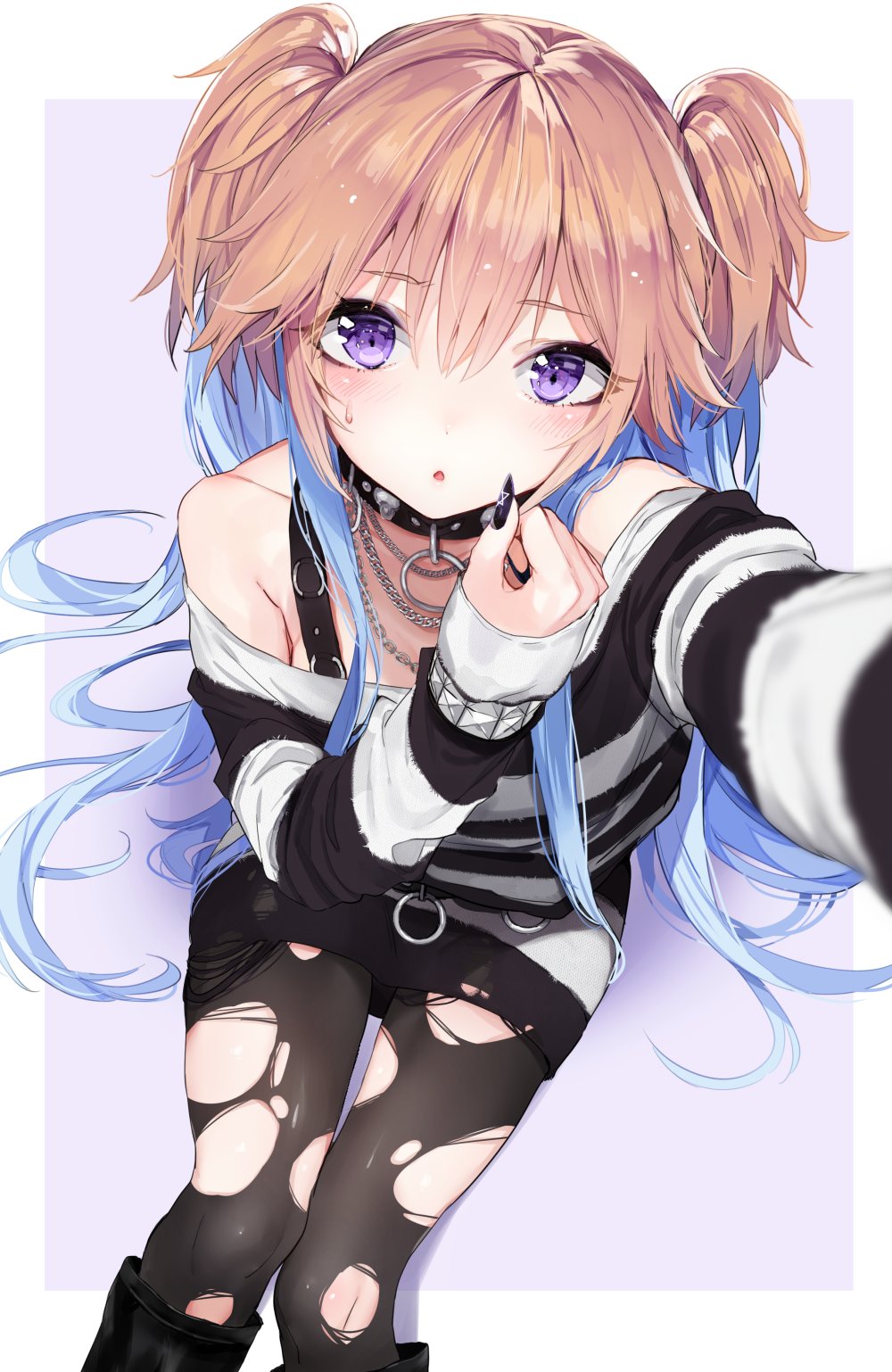 1girl, alternate_hairstyle, bangs, bare_shoulders, black_boots, black_legwear, black_nails, blue_hair