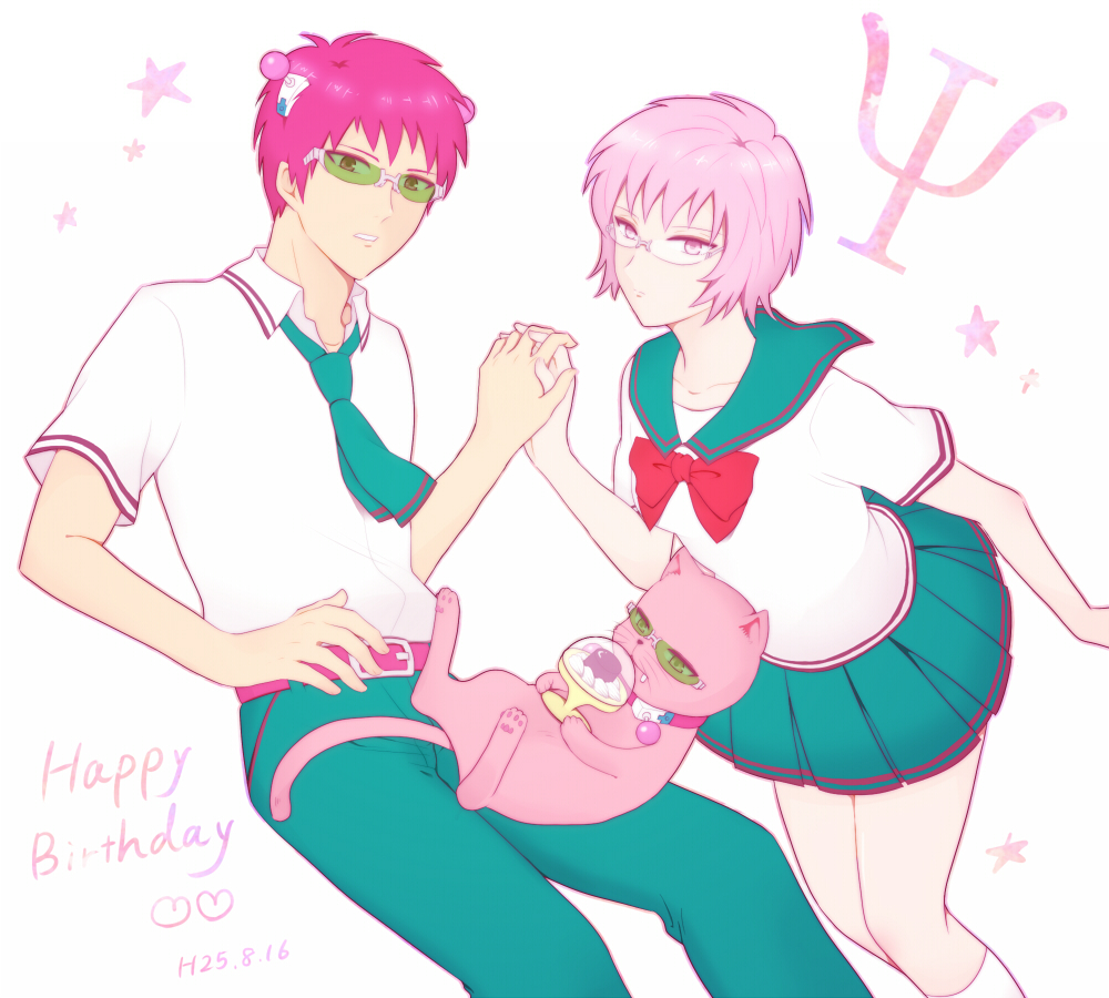 1boy, 1girl, antennae, belt, bow, cat, coffee_jello, dated