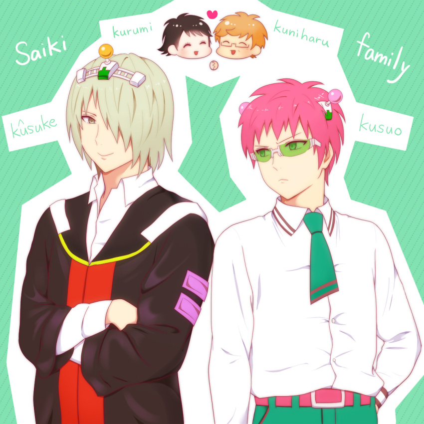 1girl, 3boys, black_hair, blonde_hair, brothers, character_name, crossed_arms, family, glasses, hair_over_one_eye, hand_holding, headgear, heart, highres, koro_(koinori), looking_at_another, looking_at_viewer, multiple_boys, orange_hair, pink_hair, saiki_kuniharu, saiki_kurumi, saiki_kusuo, saiki_kusuo_no_psi_nan, saiki_kuusuke, school_uniform, short_hair, siblings