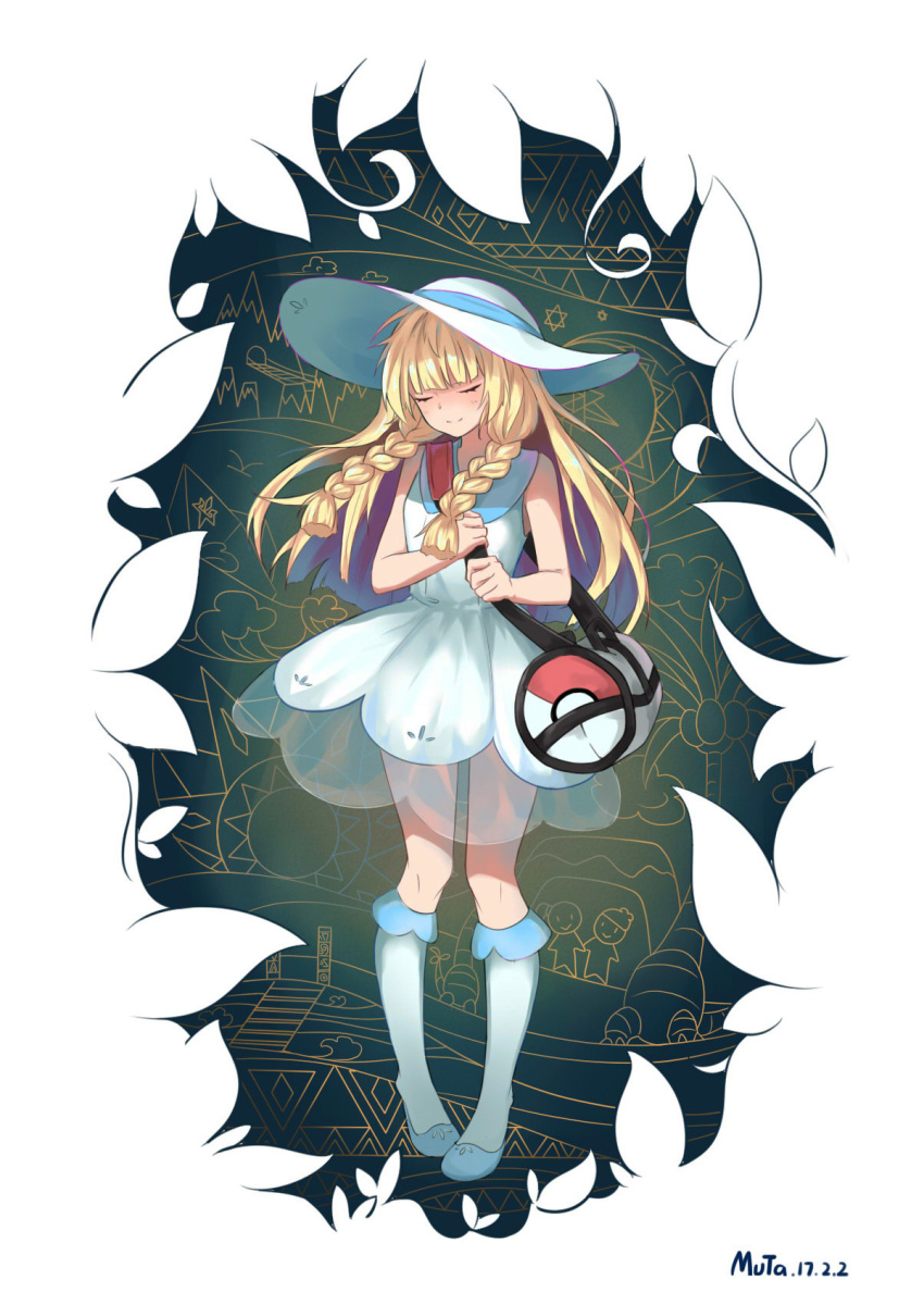1girl, 2017, alola_form, alolan_exeggutor, artist_name, bag, bangs, bare_arms, bare_shoulders, blonde_hair, blue_shoes, blunt_bangs, blush, braid, bridge, closed_eyes, closed_mouth, clouds, collared_dress, crescent_moon, dated, diamond_(shape), dress, duffel_bag, exeggutor, female_protagonist_(pokemon_sm), floating_hair, full_body, handbag, hat, hexagram, highres, kneehighs, leaf, lillie_(pokemon), long_hair, moon, mountain, muta_(csw), pigeon-toed, poke_ball_theme, pokemon, pokemon_(creature), pokemon_(game), pokemon_sm, see-through, shoes, sleeveless, sleeveless_dress, smile, solo, standing, star_(sky), star_of_david, sun, sun_hat, sundress, twin_braids, water, waves, white_dress, white_hat, z-crystal