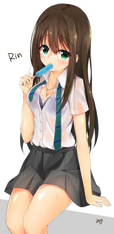 1girl, blue_background, brown_hair, character_name, collarbone, food, green_eyes, grey_skirt