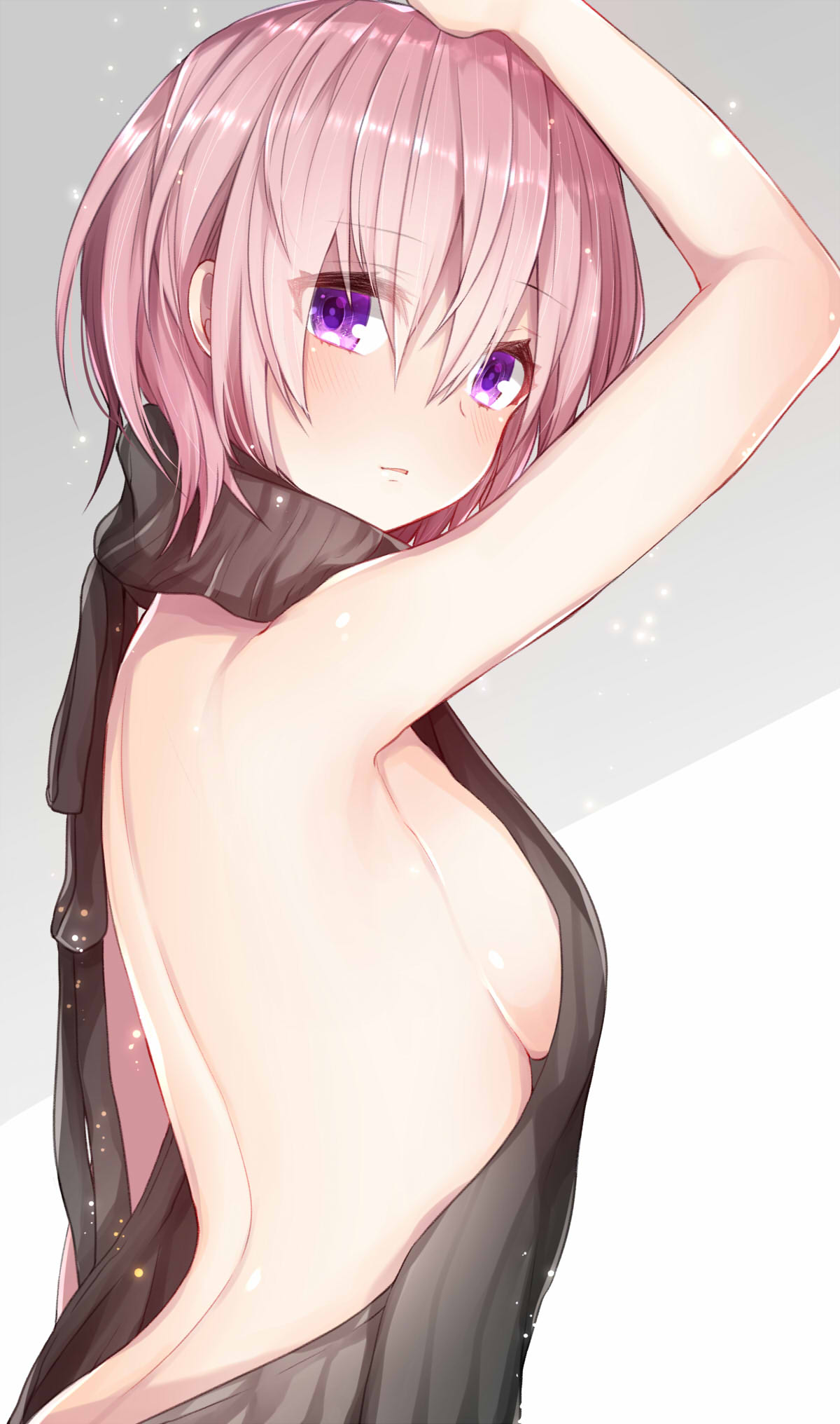 1girl, akiran'nu, arched_back, arms_up, backless_outfit, bangs, bare_back, black_sweater