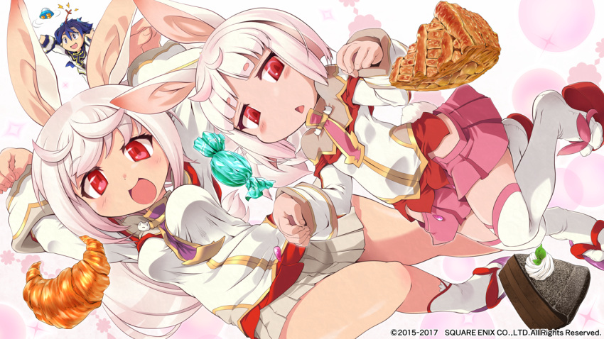 1boy, 2girls, :<, animal_ears, blue_hair, blush_stickers, breasts, bunny_pose