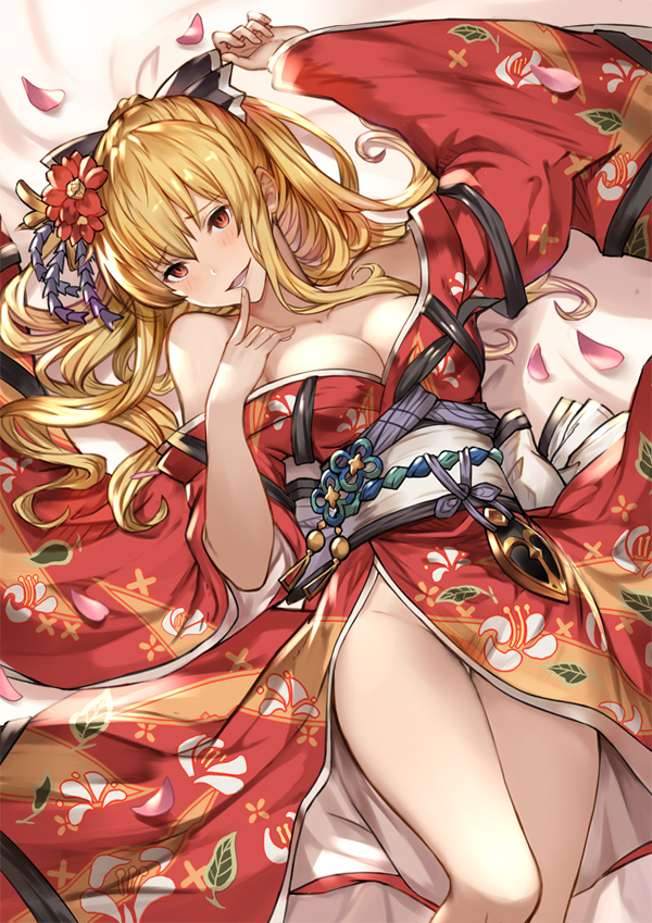 1girl, alternate_costume, blonde_hair, blush, breasts, empty_eyes, finger_in_mouth, floral_print