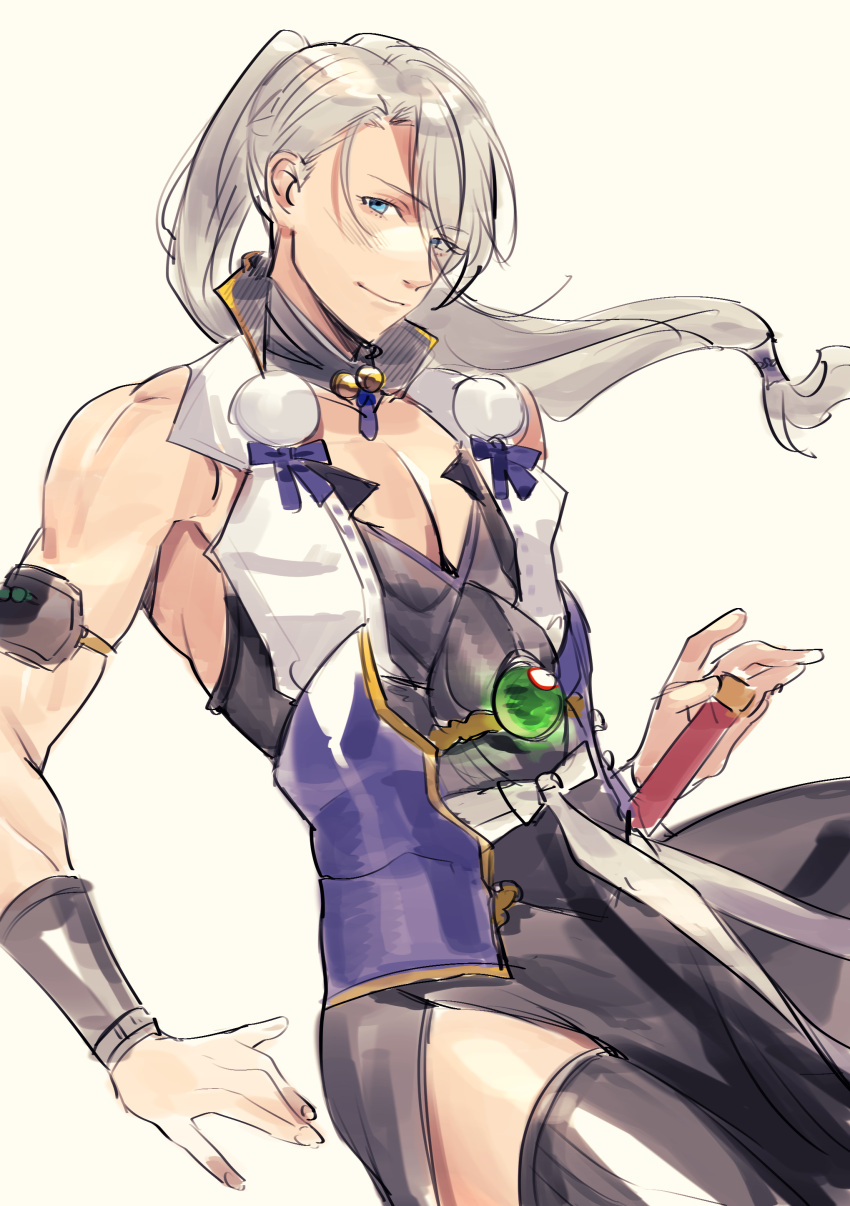 1boy, absurdres, black_legwear, blue_eyes, cosplay, eyes_visible_through_hair, hair_over_one_eye, highres, japanese_clothes, kurumiya_hato, male_focus, pom_pom_(clothes), ponytail, seiyuu_connection, sengo_muramasa_(touken_ranbu), sengo_muramasa_(touken_ranbu)_(cosplay), silver_hair, smile, suwabe_jun'ichi, thigh-highs, touken_ranbu, viktor_nikiforov, yuri!!!_on_ice
