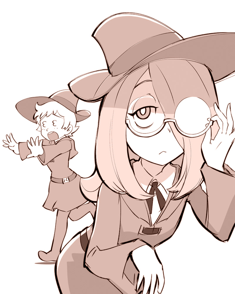 2girls, :<, adjusting_glasses, belt, bespectacled, boots, closed_mouth, collared_shirt