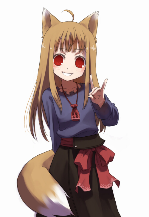 ahoge, animal_ears, brown_hair, holo, long_hair, red_eyes, shiden, smile