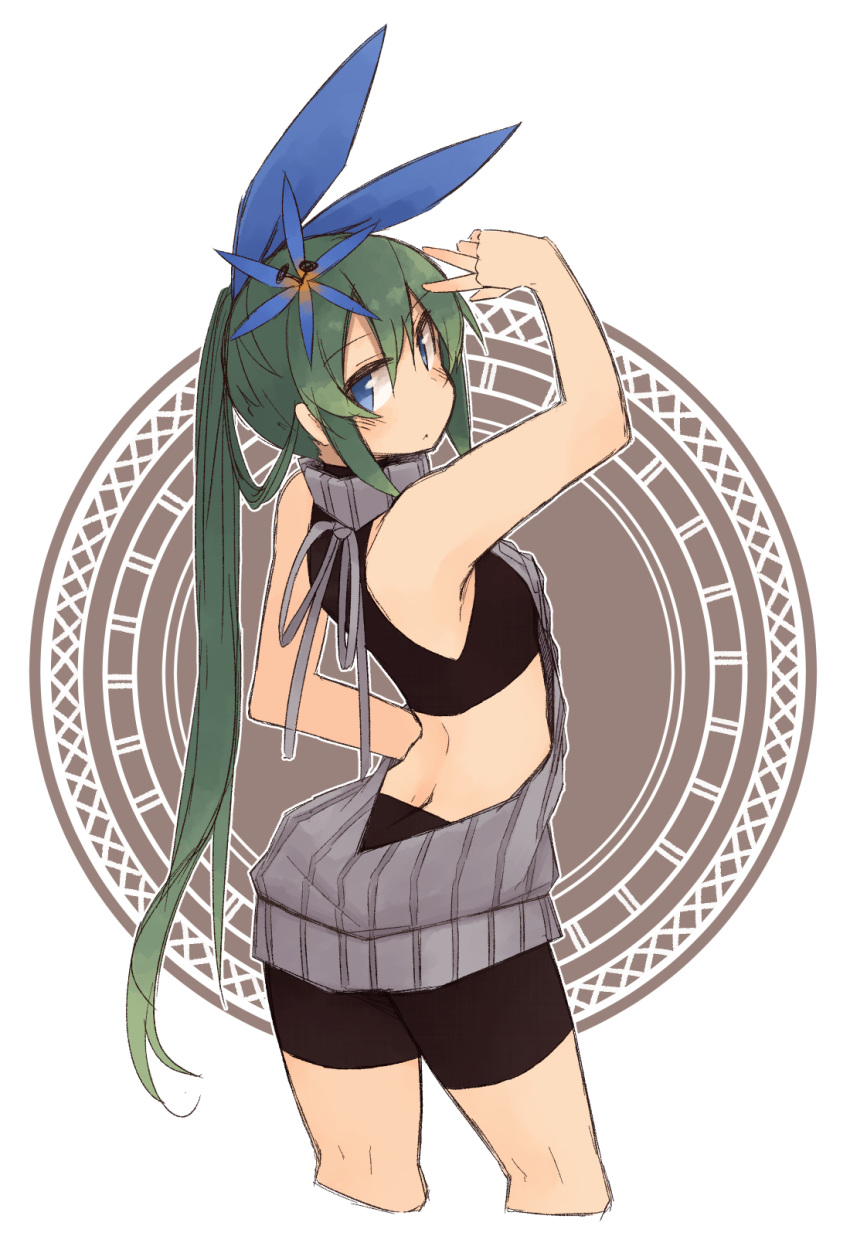1girl, ass, backless_outfit, bangs, bare_shoulders, bike_shorts, blue_eyes, breasts