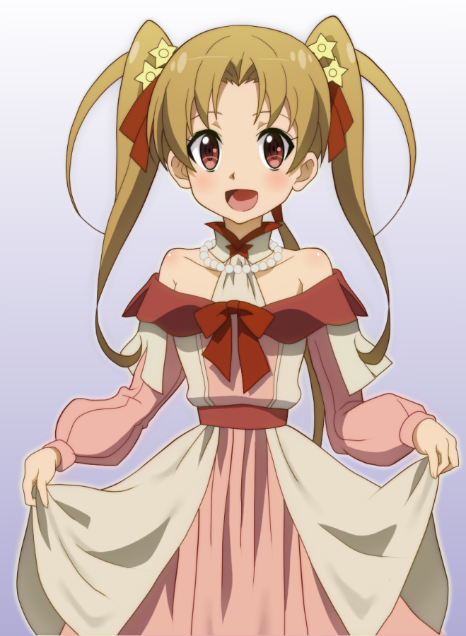 1girl, :d, bare_shoulders, blush, brown_hair, curtsey, dress, gate_-_jieitai_ka_no_chi_nite_kaku_tatakaeri, hair_ribbon, jewelry, long_hair, looking_at_viewer, necklace, onomekaman, open_mouth, pearl_necklace, red_eyes, ribbon, sherry_tueli, smile, solo, twintails
