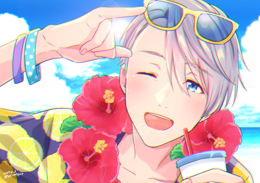 1boy, ;d, \m/, beach, blue_eyes, blue_sky, drinking_cup, drinking_straw
