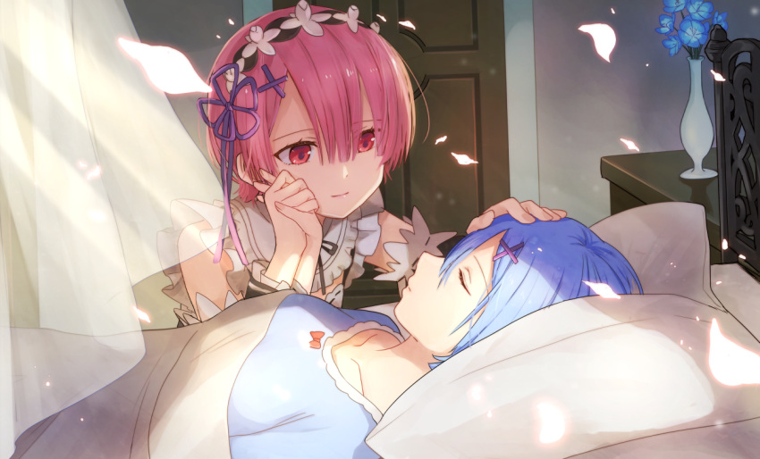 2girls, bare_shoulders, bedroom, blanket, blue_flower, blue_hair, bow, breasts
