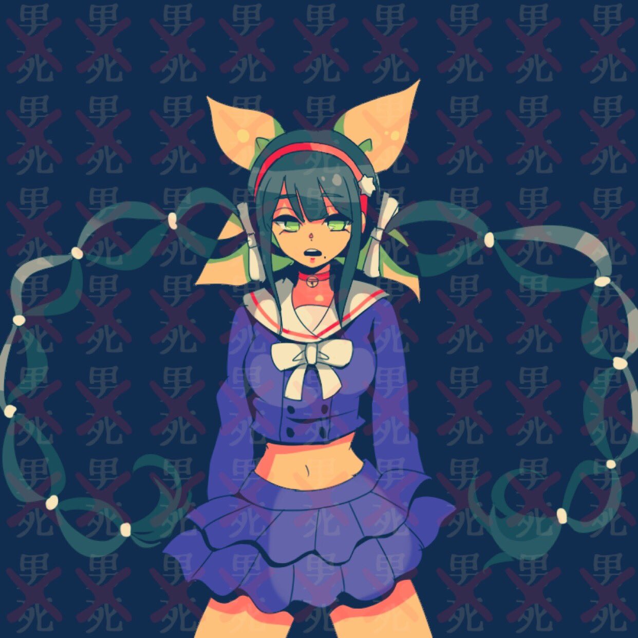 1girl, annyu, arms_at_sides, black_hair, blue_background, chabashira_tenko, cowboy_shot, dangan_ronpa