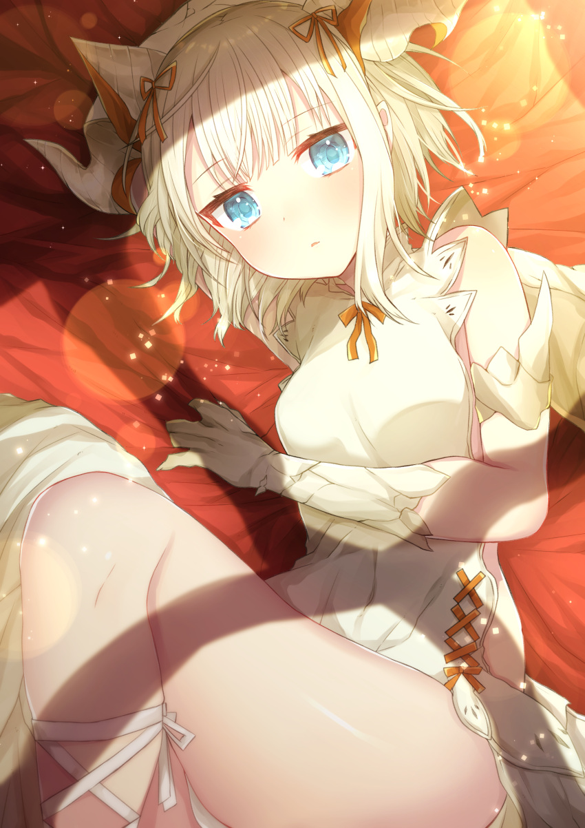 1girl, absurdres, akiran'nu, ankle_lace-up, bangs, bare_shoulders, blonde_hair, blue_eyes