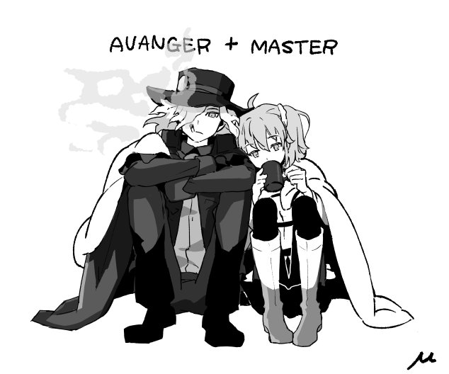 1boy, 1girl, blanket, boots, cigarette, drinking, edmond_dantes_(fate/grand_order), engrish, fate/grand_order, fate_(series), fedora, fujimaru_ritsuka_(female), greyscale, hair_over_one_eye, hat, knee_boots, leaning_on_person, long_hair, long_sleeves, monochrome, myu_(08_mmmu), pantyhose, ranguage, scrunchie, short_hair, side_ponytail, signature, smoke, smoking, wavy_hair