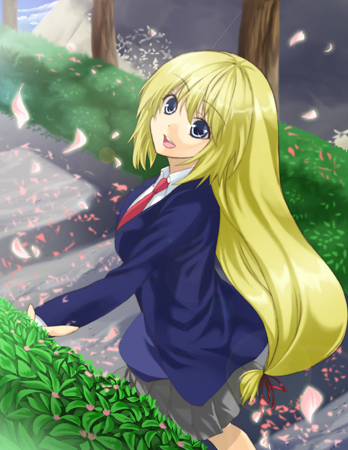blonde_hair, blue_eyes, cherry_blossoms, kajiki, long_hair, original, skirt, yukimi_dango