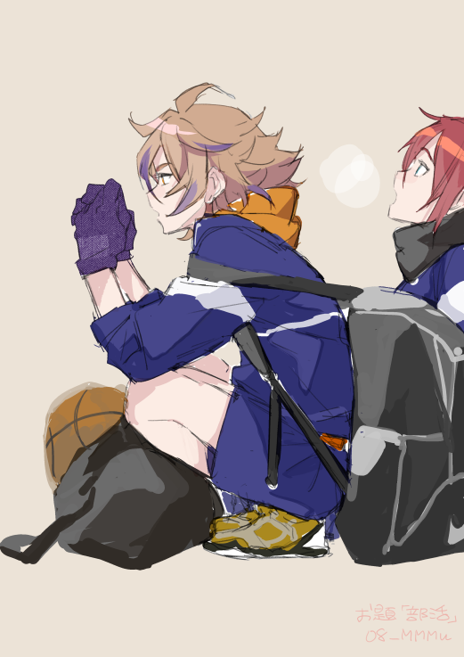 2boys, backpack, bag, basketball, blue_gloves, breath, brown_hair, flipped_hair, gloves, gotou_toushirou, looking_up, male_focus, multiple_boys, myu_(08_mmmu), open_mouth, redhead, shinano_toushirou, shoes, shorts, sitting, sneakers, squatting, touken_ranbu, twitter_username, winter_clothes