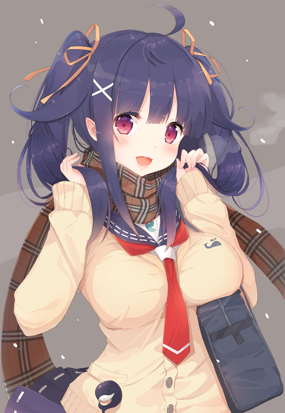 1girl, :d, ahoge, alternate_costume, alternate_hairstyle, bangs, black_skirt, blue_hair