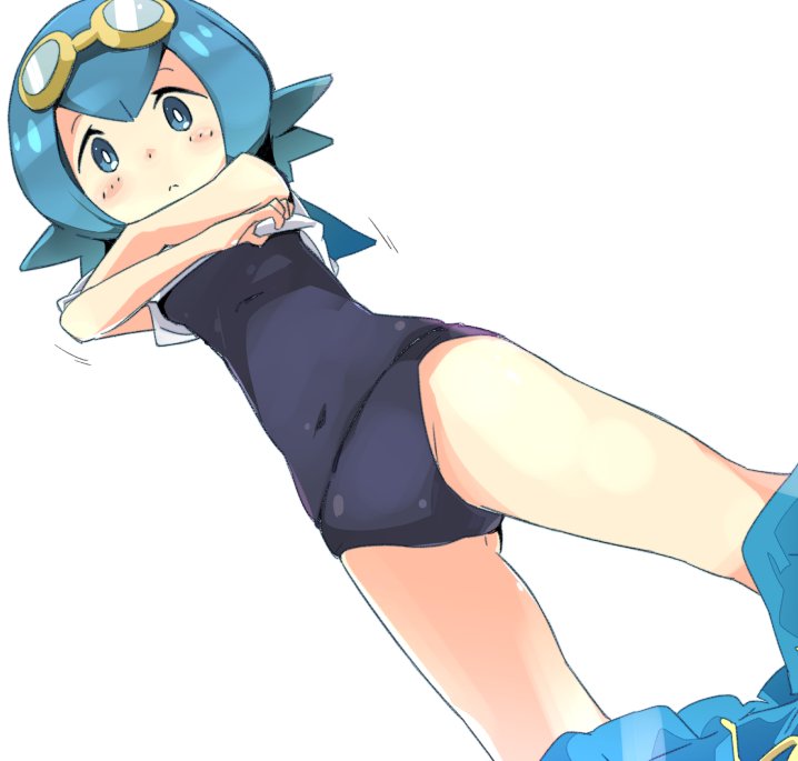 1girl, :<, blue_eyes, blue_hair, blush, breasts, closed_mouth, covered_navel