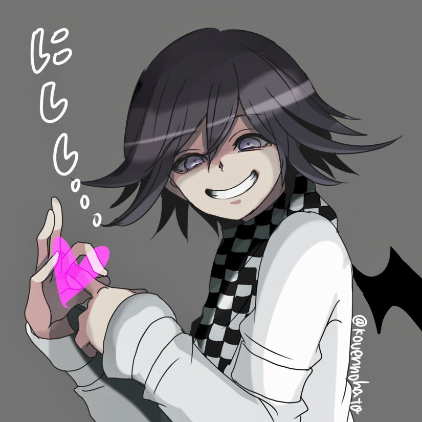 1boy, annyu, black_hair, checkered_scarf, dangan_ronpa, gesture, grey_background, grin, heart, looking_at_viewer, male_focus, new_dangan_ronpa_v3, ouma_kokichi, scarf, sexually_suggestive, short_hair, simple_background, smile, solo, straitjacket, twitter_username, upper_body, violet_eyes