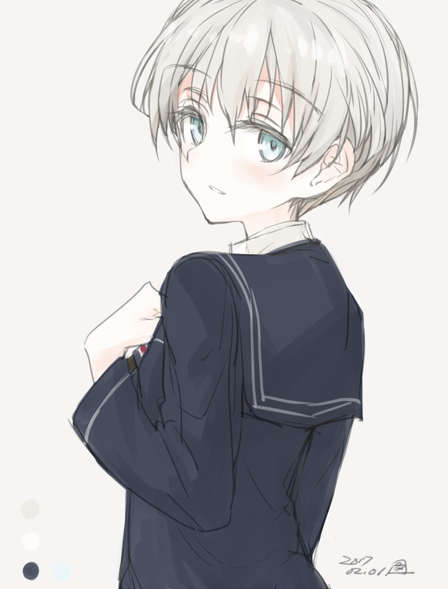 1girl, aqua_eyes, blonde_hair, blue_dress, blush, bun'ya_(0874cirno141), color_palette, dated