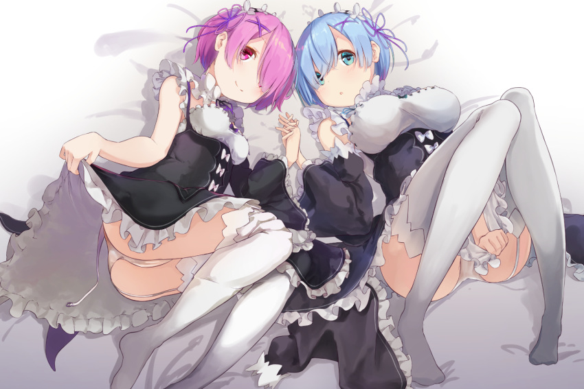 2girls, ass, blue_eyes, blue_hair, breasts, commentary_request, detached_sleeves, dress
