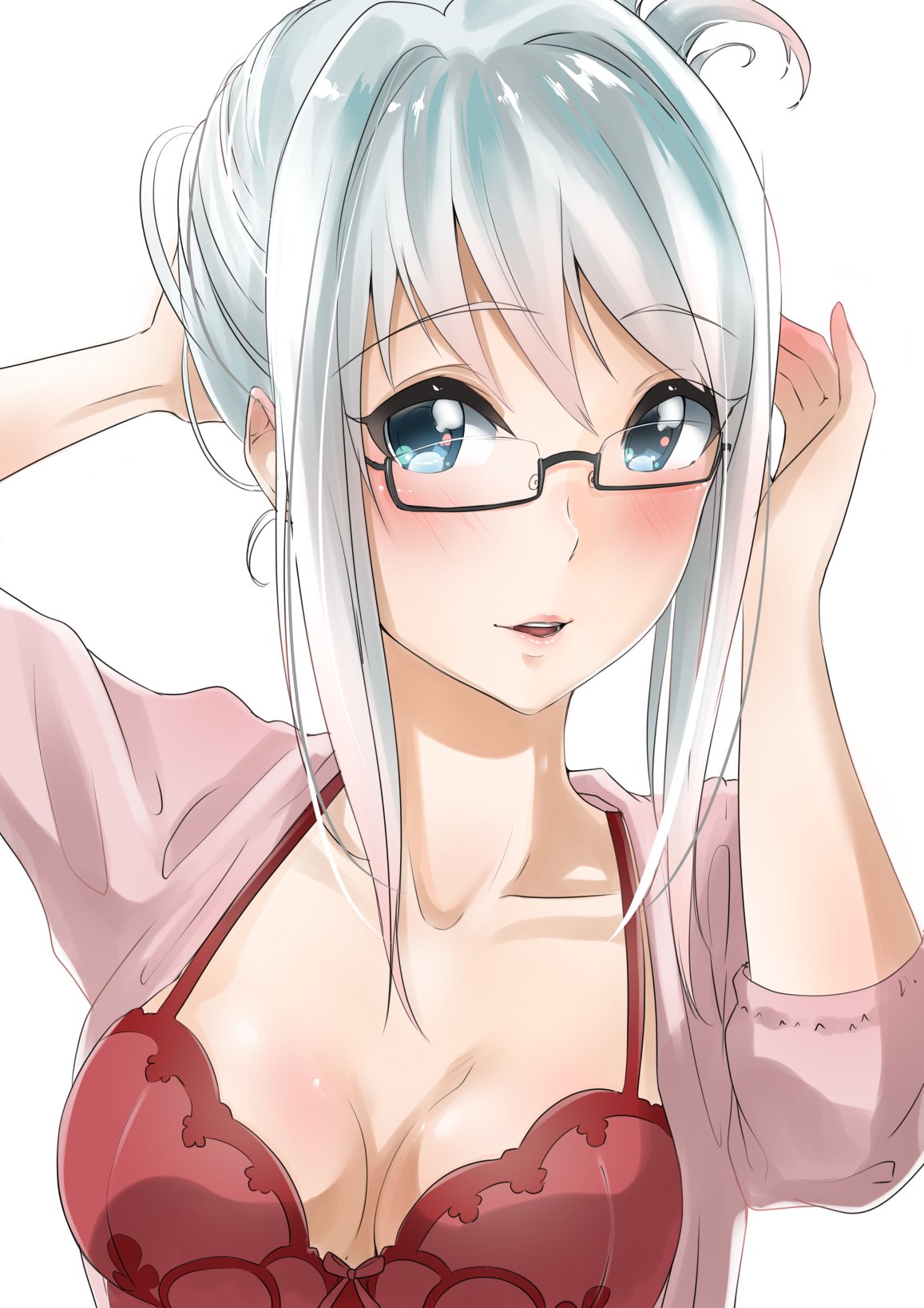 1girl, arms_up, babydoll, bangs, blush, breasts, cardigan, character_request