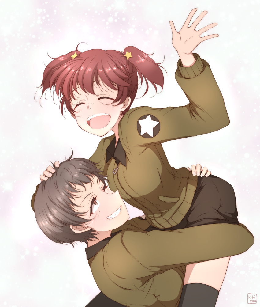 2girls, alisa_(girls_und_panzer), arm_up, arms_around_waist, artist_name, black_legwear, blush, bomber_jacket