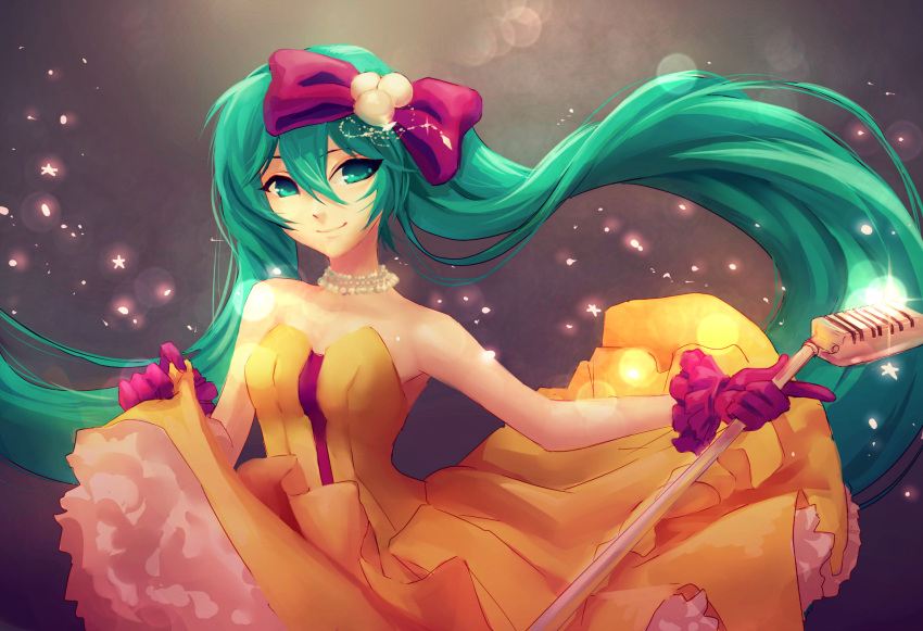 1girl, absurdly_long_hair, accessories, bare_shoulders, bow, breasts, collarbone, dress, edwin-kun, eyebrows, eyelashes, frills, gloves, green_eyes, green_hair, hair_bow, hair_ornament, hatsune_miku, highres, holding, jewelry, kochira_koufuku_anshin_iinkai_desu_(vocaloid), light_particles, lighting, long_hair, looking_at_viewer, microphone, microphone_stand, nail_polish, necklace, skirt_hold, smile, solo, twintails, very_long_hair, vocaloid