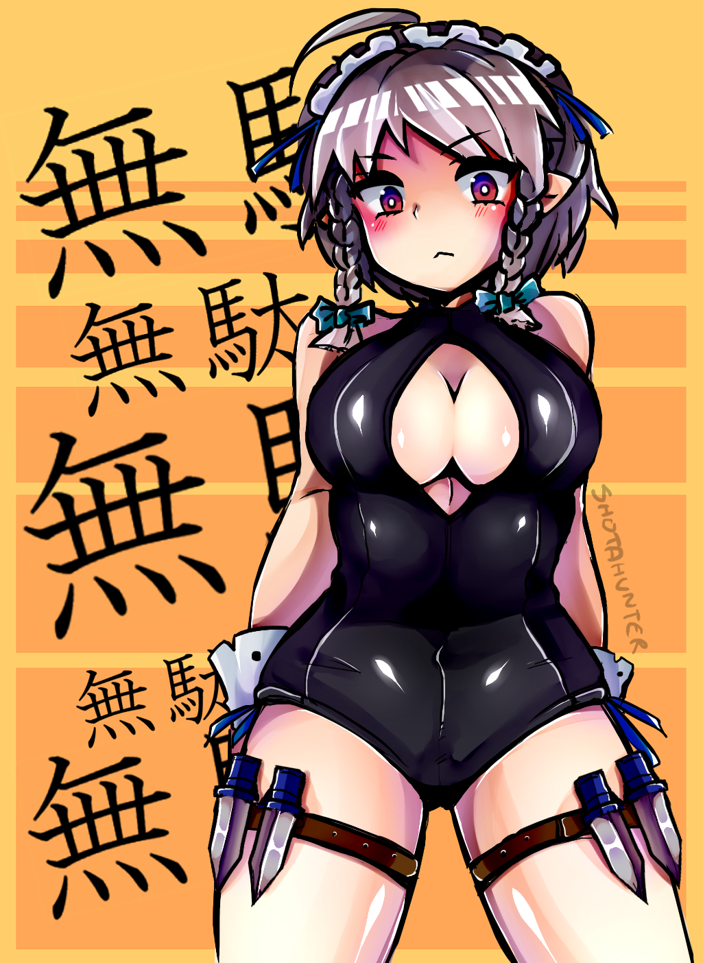 1girl, :<, ahoge, artist_name, blush, bow, braid, breasts, cleavage, front_zipper_swimsuit, gradient_eyes, grey_hair, hair_bow, highres, izayoi_sakuya, jojo_no_kimyou_na_bouken, knife, large_breasts, looking_at_viewer, maid_headdress, multicolored, multicolored_eyes, one-piece_swimsuit, pointy_ears, red_eyes, shiny, shiny_skin, shunter, solo, swimsuit, touhou, translated, twin_braids, violet_eyes