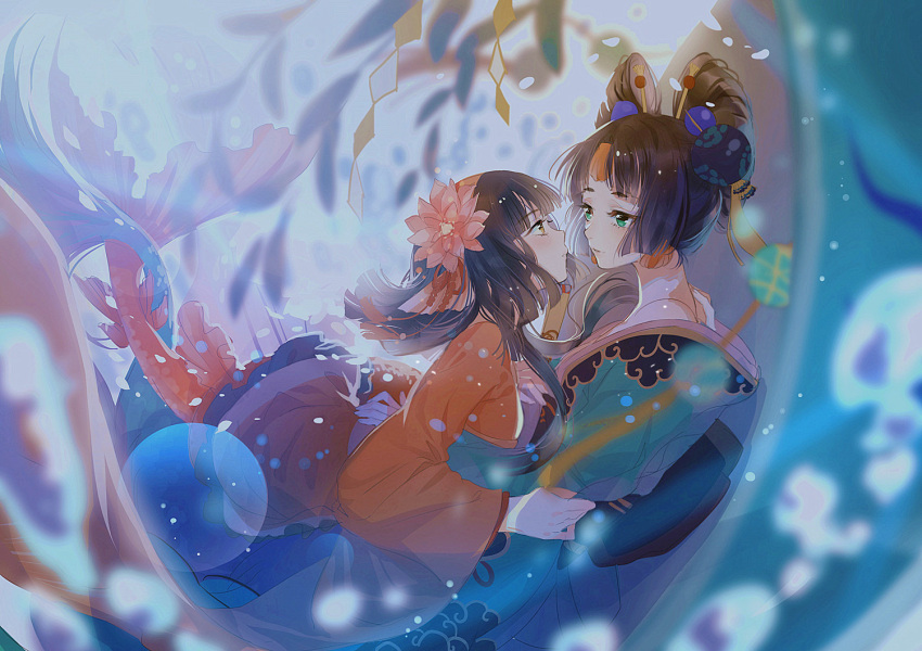 animal_ears, bangs, bare_shoulders, black_hair, blunt_bangs, blurry, brown_eyes, clothes_grab, depth_of_field, earrings, eye_contact, eyebrows_visible_through_hair, eyelashes, flat_chest, flower, from_side, green_eyes, hair_flower, hair_ornament, head_fins, intertwined_tails, japanese_clothes, jewelry, jiao_tu, liyu_jing, long_sleeves, looking_at_another, lotus, mermaid, miemia, monster_girl, off_shoulder, onmyoji, parted_lips, profile, sash, shide, sidelocks, submerged, tassel, underwater, wide_sleeves, yuri