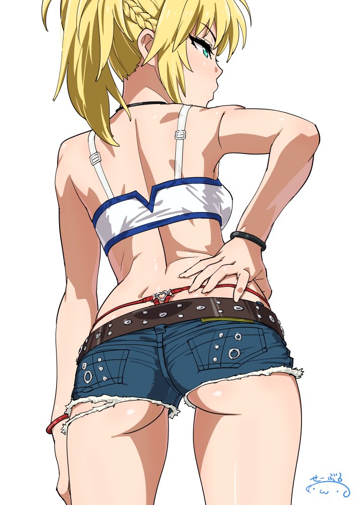 1girl, ass, bare_shoulders, blonde_hair, bracelet, braid, breasts, cutoffs, denim, denim_shorts, fate/apocrypha, fate_(series), gluteal_fold, green_eyes, hand_on_hip, heart, jewelry, looking_to_the_side, midriff, ponytail, red_thong, saber_of_red, short_shorts, shorts, solo, suna, tank_top, thong, whale_tail