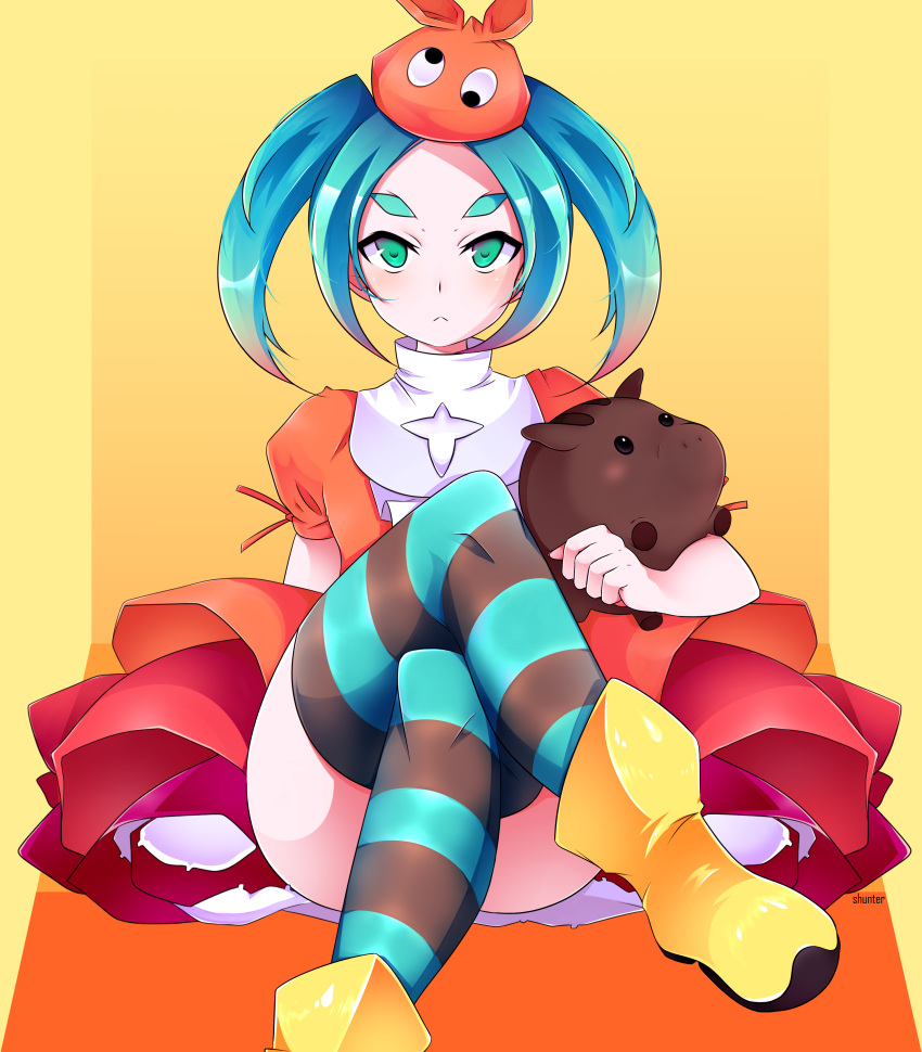 1girl, :<, absurdres, aqua_eyes, aqua_hair, dress, hat, highres, legs_crossed, monogatari_(series), nisemonogatari, ononoki_yotsugi, orange_dress, shunter, solo, striped, striped_legwear, stuffed_animal, stuffed_pig, stuffed_toy, thigh-highs, twintails