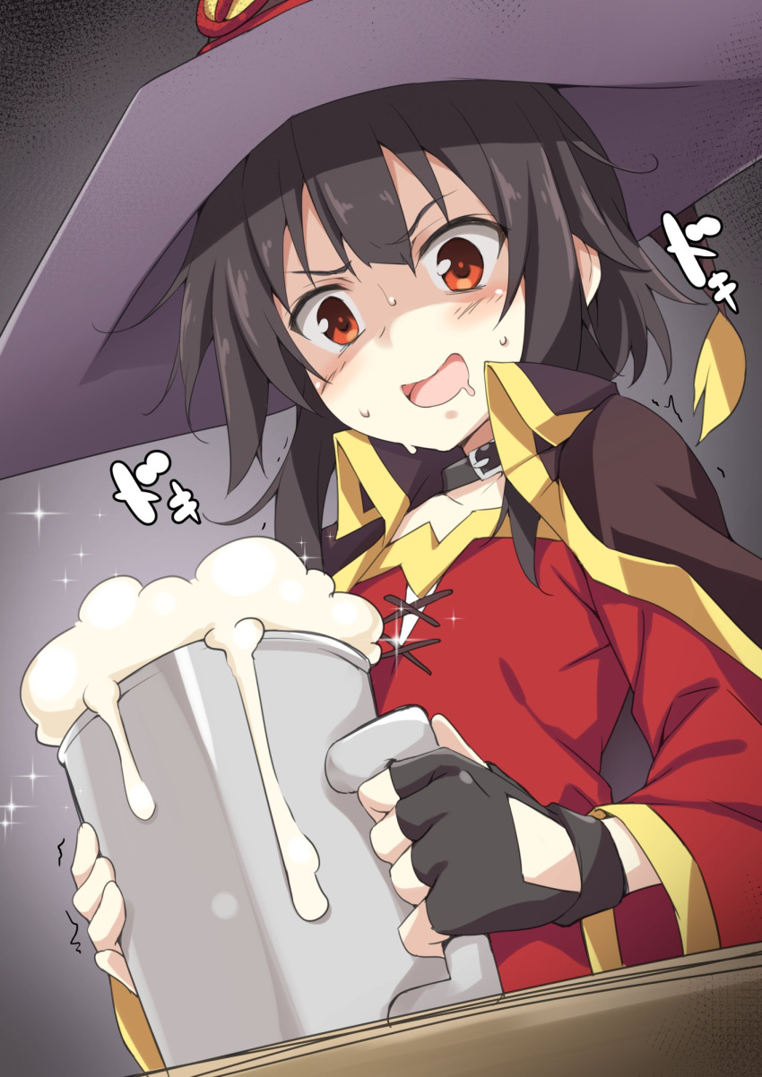 1girl, :d, alcohol, beer, beer_mug, black_hair, cape, choker, drooling, fingerless_gloves, gloves, hat, highres, kokutou_(kazuakifca), kono_subarashii_sekai_ni_shukufuku_wo!, megumin, open_mouth, red_eyes, saliva, smile, solo, witch_hat