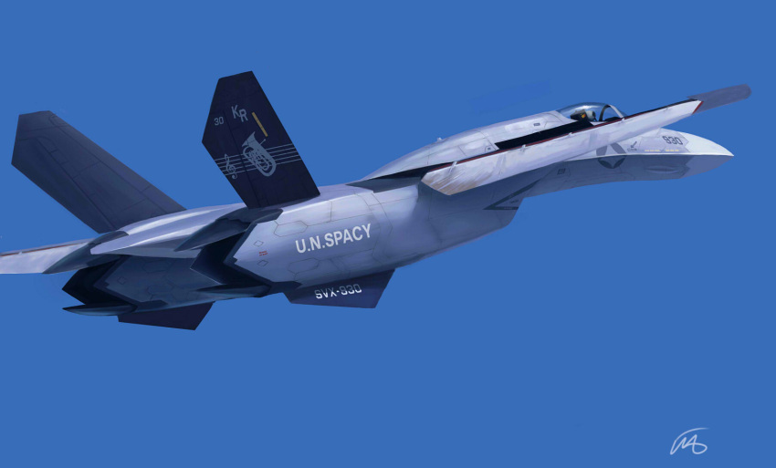 aircraft, airplane, blue_background, emblem, f-14_tomcat, fighterman, flying, highres, insignia, instrument, macross, macross_zero, musical_note, realistic, redesign, science_fiction, signature, staff_(music), treble_clef, u.n._spacy
