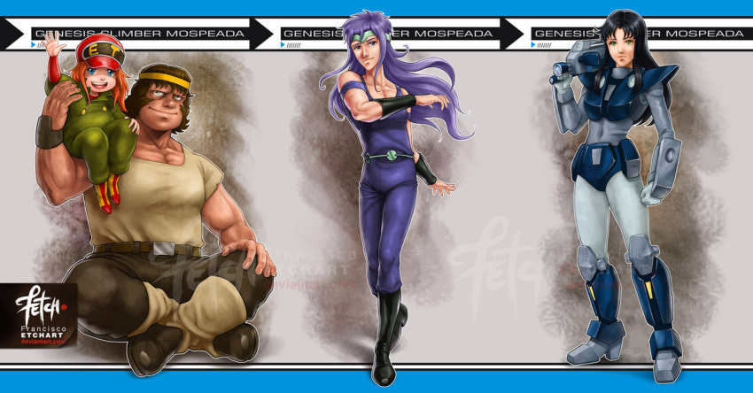 2boys, 2girls, arm_guards, armor, boots, deviantart_username, e.t., franciscoetchart, gloves, hat, jim_warston, kikou_souseiki_mospeada, manly, mecha, mint_labule, mospeada, mospeada_(mecha), multiple_boys, multiple_girls, muscle, power_armor, sideburns, signature, sitting, sue_graham, video_camera, watermark, yellow_belmont