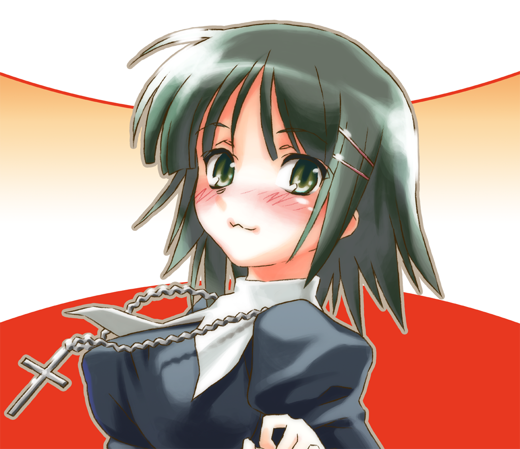 black_hair, blush, bolze, cosplay, cross, green_eyes, hair_ornament, hairclip