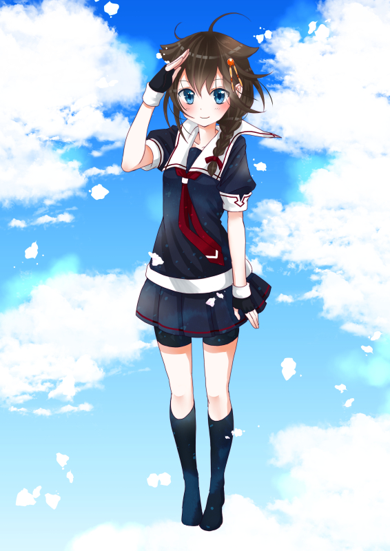 1girl, ahoge, black_gloves, black_legwear, black_serafuku, black_skirt, blue_eyes, blue_sky, blush, braid, brown_hair, clouds, cloudy_sky, commentary_request, fingerless_gloves, full_body, gloves, hair_flaps, hair_ornament, hair_over_shoulder, hair_ribbon, ishida_mia, kantai_collection, kneehighs, looking_at_viewer, neckerchief, pleated_skirt, remodel_(kantai_collection), ribbon, sailor_collar, salute, school_uniform, serafuku, shigure_(kantai_collection), short_sleeves, single_braid, skirt, sky, smile, solo, wind