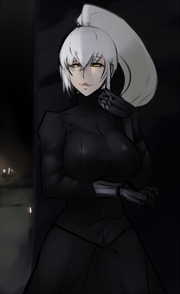 1girl, against_wall, breasts, dark_souls_iii, gauntlets, large_breasts, light_smile, lips, long_hair, long_skirt, no_headwear, no_helmet, pale_skin, ponytail, scathegrapes, silver_hair, skirt, solo, souls_(from_software), sweater, yellow_eyes, yuria_of_londor
