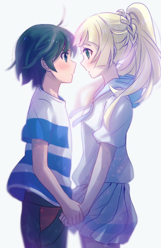 0wsaa0, 1boy, 1girl, black_hair, blonde_hair, blush, couple, from_side