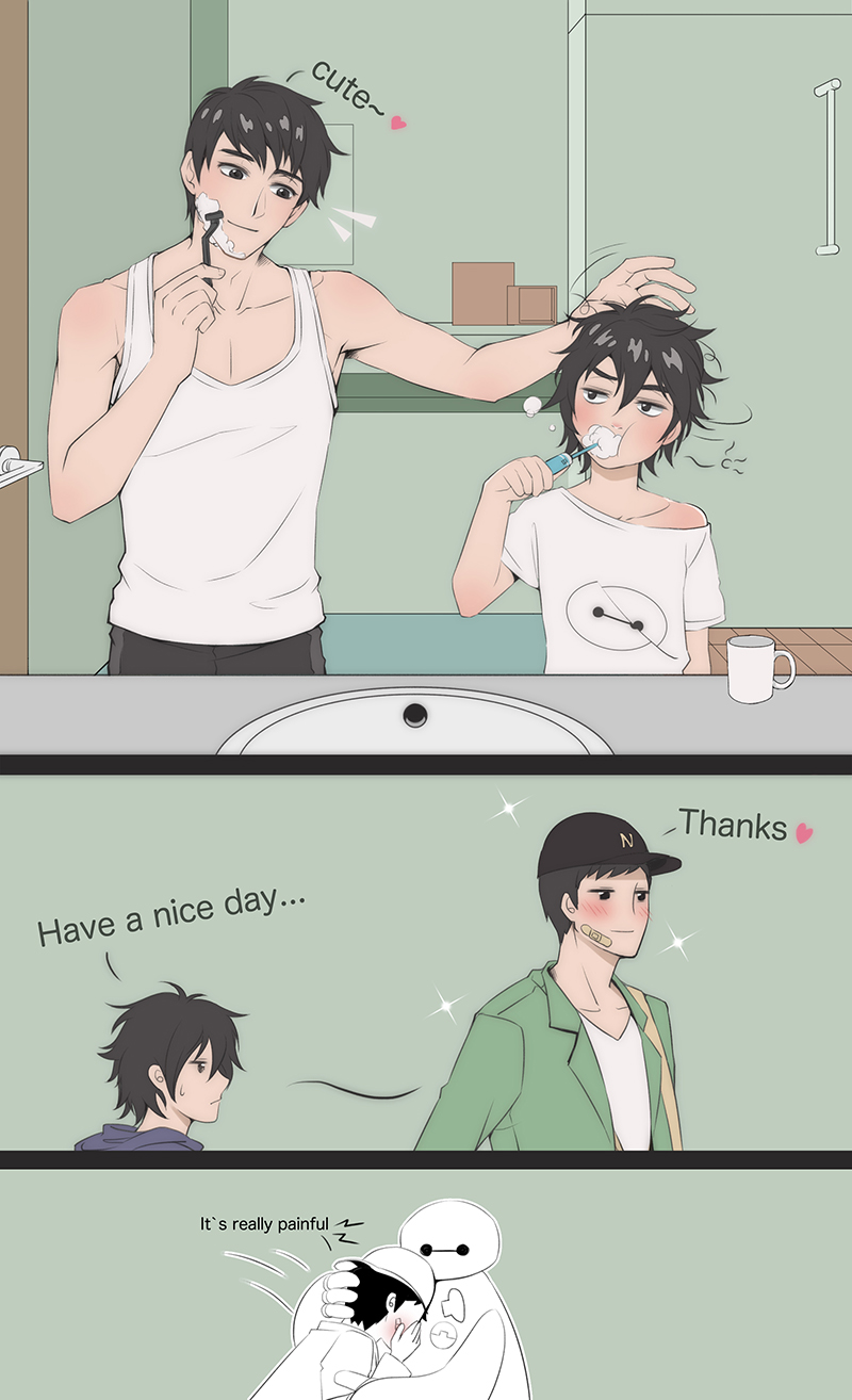 2boys, bandaid, bandaid_on_face, baymax, big_hero_6, black_eyes, black_hair, brothers, brushing_teeth, comic, cup, disney, english, heart, highres, hiro_hamada, hug, jan_(lovehishigi), male_focus, messy_hair, multiple_boys, off-shoulder_shirt, razor, robot, shaving, shirt, siblings, sink, tadashi_hamada, tank_top