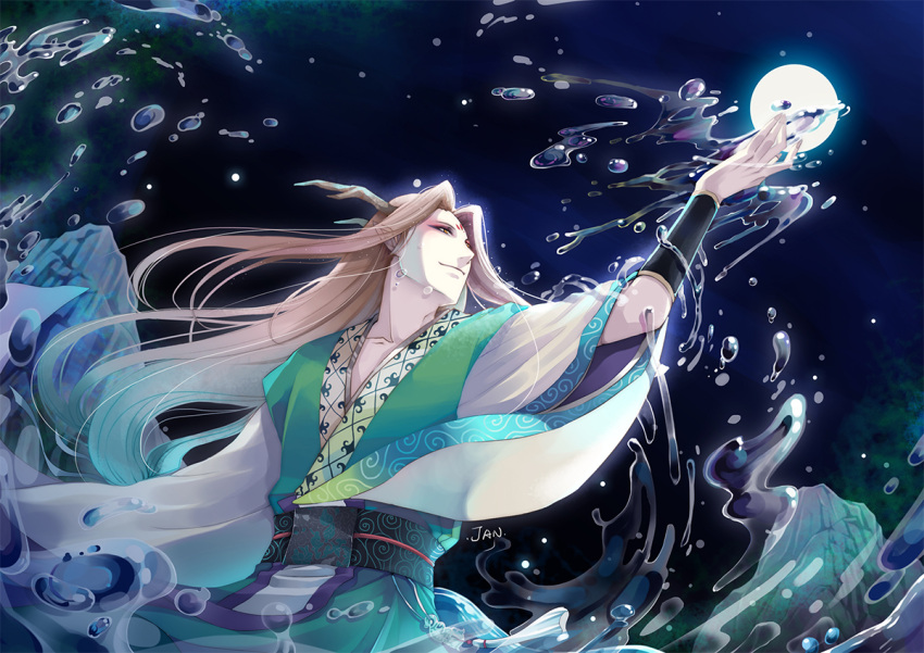 1boy, antlers, artist_name, brown_hair, character_request, chinese_clothes, copyright_request, jan_(lovehishigi)