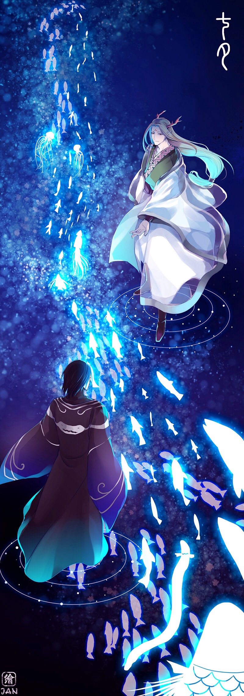 2boys, antlers, artist_name, character_request, chinese_clothes, copyright_request, fish, grey_hair