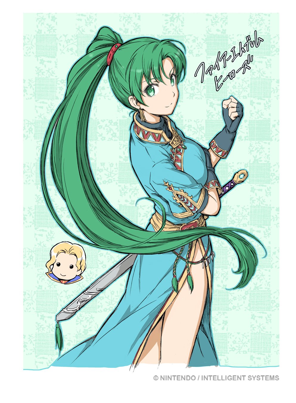 1boy, 1girl, blonde_hair, dress, earrings, fingerless_gloves, fire_emblem, fire_emblem:_fuuin_no_tsurugi, fire_emblem:_rekka_no_ken, fire_emblem_heroes, gloves, green_eyes, green_hair, highres, jewelry, long_hair, long_ponytail, lyndis_(fire_emblem), nacien, ponytail, scabbard, sheath, sheathed, short_hair, side_slit, smile, sword, weapon, yamada_koutarou